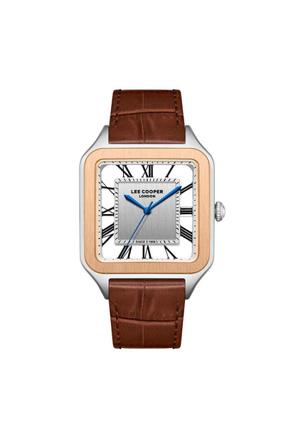 Lee Cooper square wristwatch, dark brown leather strap, silver case, blue hands