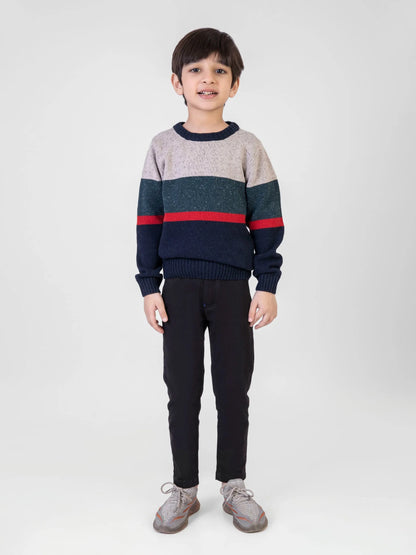 Kids navy-and-speckled beige cotton sweater with red stripe and ribbed hem
