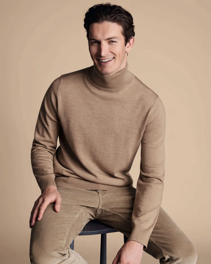 Mens wool turtleneck sweater, neutral beige, long sleeves, relaxed fit