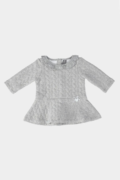 Grey baby dress with long sleeves, round neck, and flared skirt