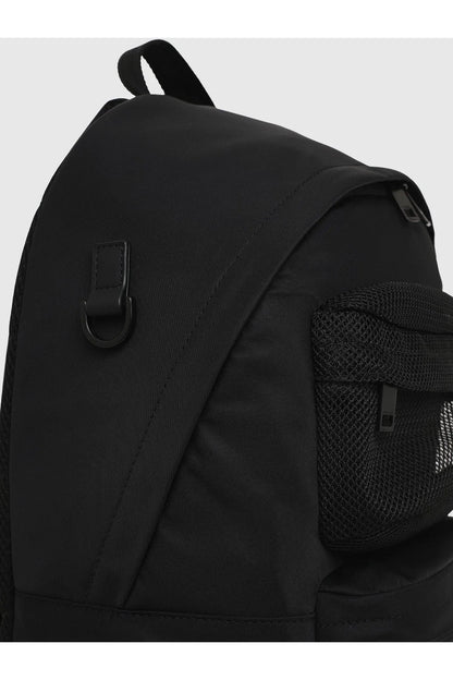 Black Diesel backpack side view with grab handle and mesh pocket