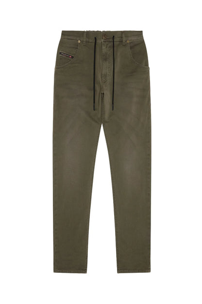 Olive green drawstring pants, flat lay with straight tapered legs