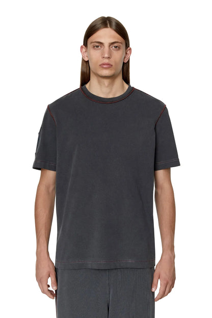Diesel dark grey crew-neck T-shirt with red stitch trim, short sleeves