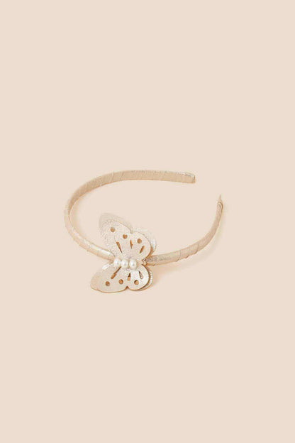 Gold fabric headband with glitter butterfly applique and pearl accents