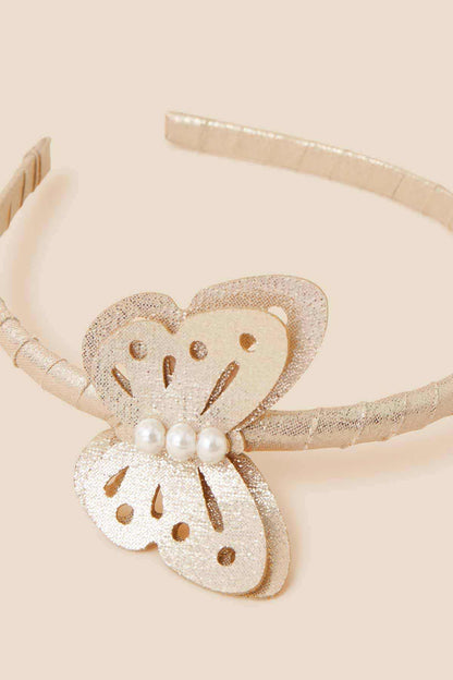 Gold glitter headband with butterfly face detail and white pearl cluster