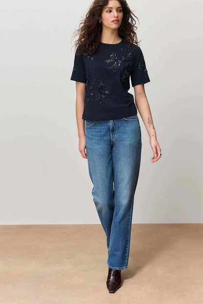 Navy embroidered short-sleeve top with round neck