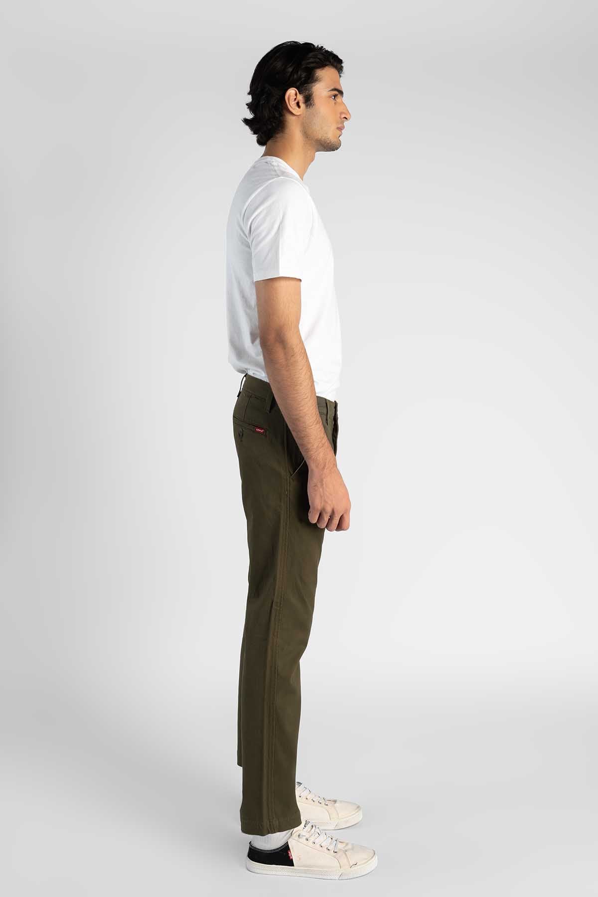 Men's olive straight-leg pants, side profile, cuffed hem