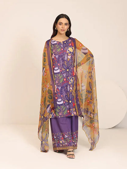 Printed purple sleeveless dress set with wide pants and sheer multicolor dupatta