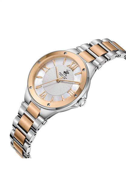 Rose gold and silver analog wristwatch angled view with roman numeral dial, metal band