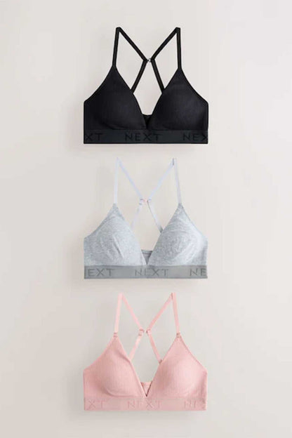 3-pack bralettes: black, heather gray, and pink triangle bras with V-neck straps