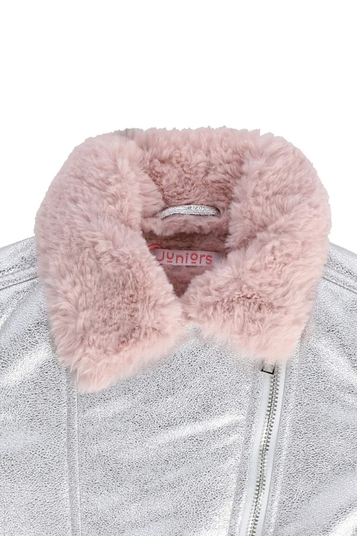 Silver baby jacket with pink faux fur collar and front zipper