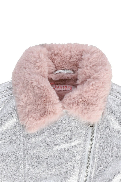 Silver baby jacket with pink faux fur collar and front zipper