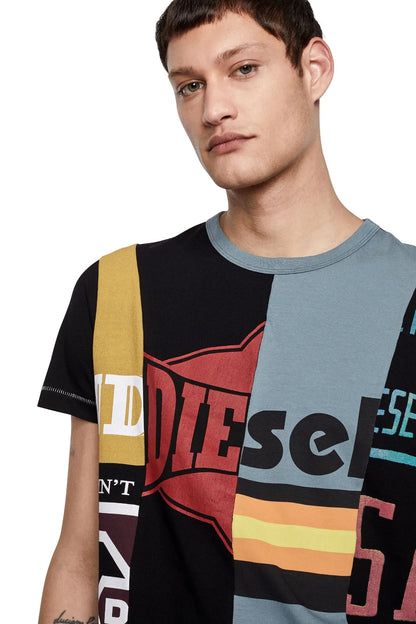 Diesel men's black graphic T-shirt close-up of front print and crew neckline