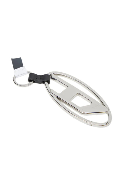 Diesel silver-tone keychain, oval ring with cutout shield tag and black strap