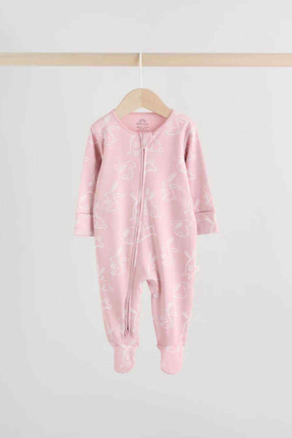 Pink hooded footed onesie pajamas with all-over animal print and button front
