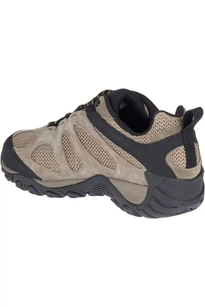Merrell hiking shoes rear 3/4 view, lace-up front, breathable mesh panels, rugged sole.
