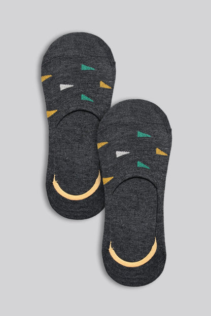 Pair of dark gray no-show liners with yellow toe and colorful dash pattern