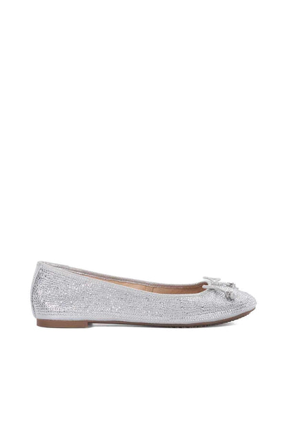 Dune London silver glitter ballet flat side view with lace bow at toe