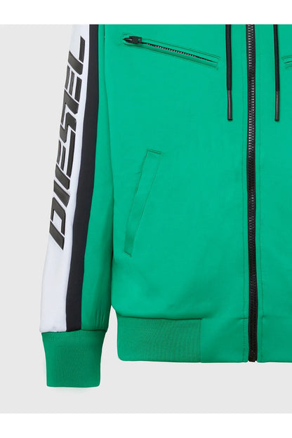Green jacket close-up with front zipper and zip pocket; ribbed cuffs and hem
