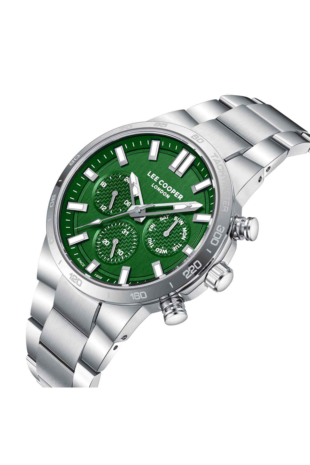 Lee Cooper silver wristwatch, angled, green dial with three chronograph counters