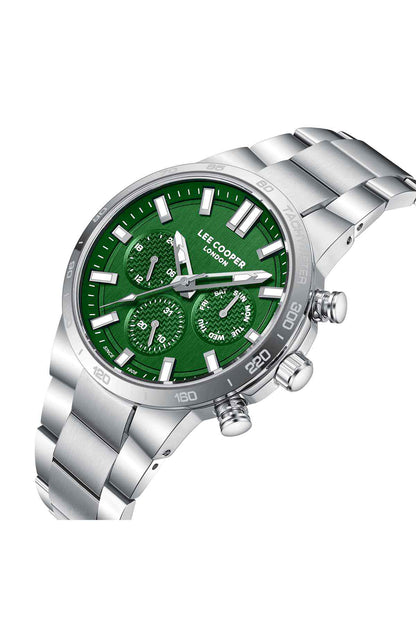 Lee Cooper silver wristwatch, angled, green dial with three chronograph counters