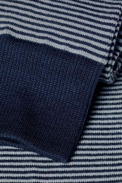 Charles Tyrwhitt striped knit sock cuff and ribbed navy heel panel close-up