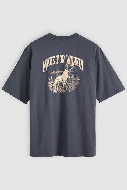 Dark blue crewneck t-shirt with 'MADE FOR WORKIN'' back dog graphic and text