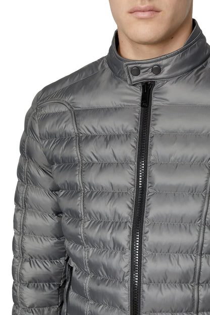 Diesel grey puffer jacket close-up with quilted panels and center full-zip front