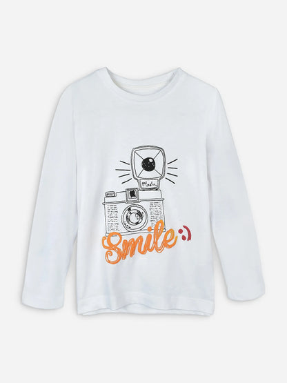 White long-sleeve pajama top with outlined robot camera and orange 'Smile' text