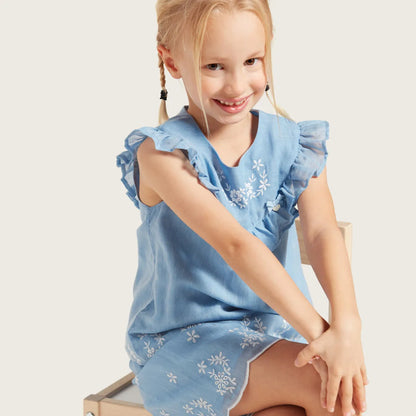 Blue baby dress with ruffled cap sleeves and white floral embroidery