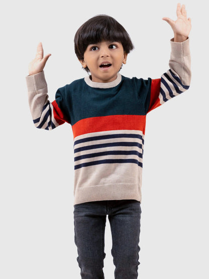 Kids striped knit sweater with red band and navy-and-beige stripes, dark teal top