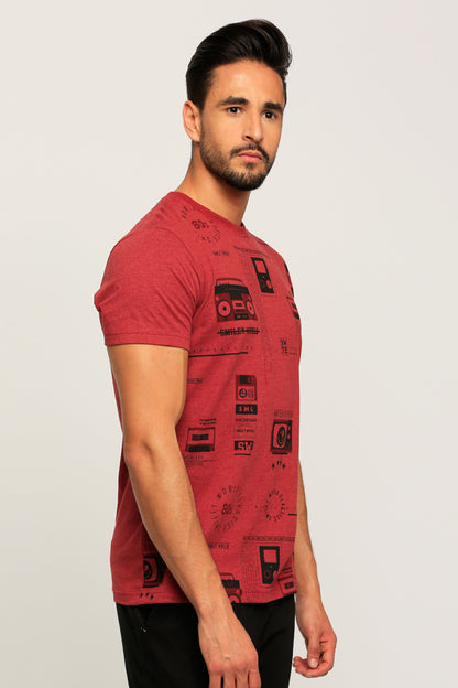 Red crewneck graphic T-shirt, short sleeves, side view