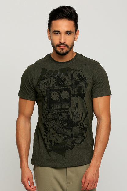 Men's dark green graphic T-shirt with large black printed cartoon-style design at center