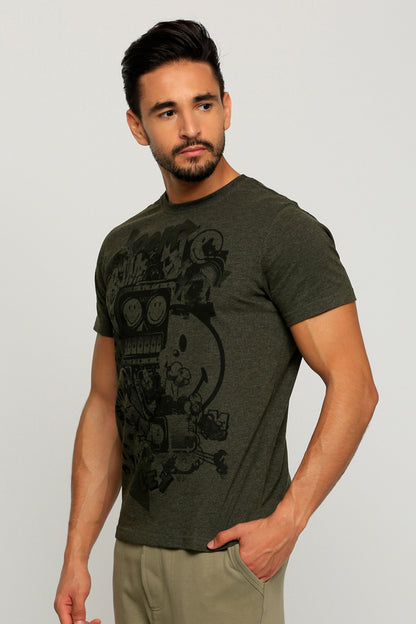 Men's dark green graphic T-shirt with black printed cartoon-style design on chest