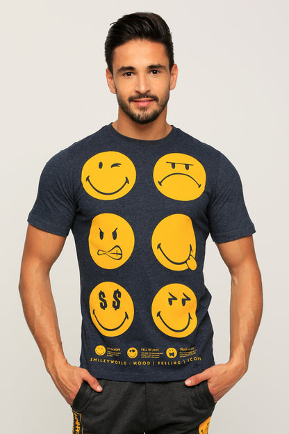 Navy men's T-shirt with yellow emoji face graphic, short sleeves