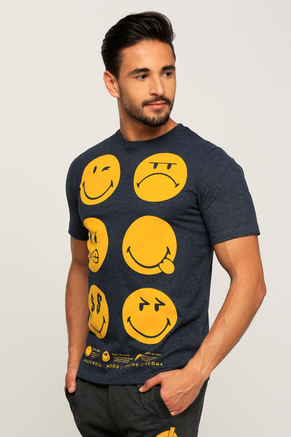Navy men's T-shirt with yellow emoji face print, short sleeves