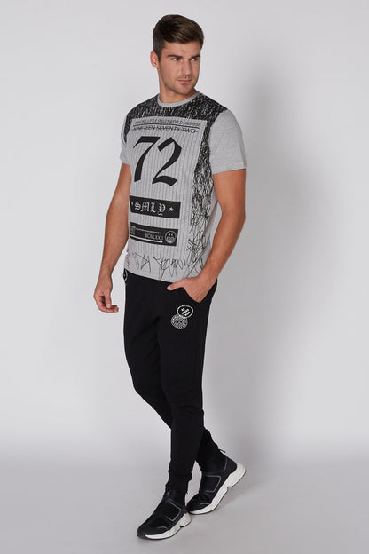 Men's grey graphic T-shirt with '72' front print and black patterned side panels