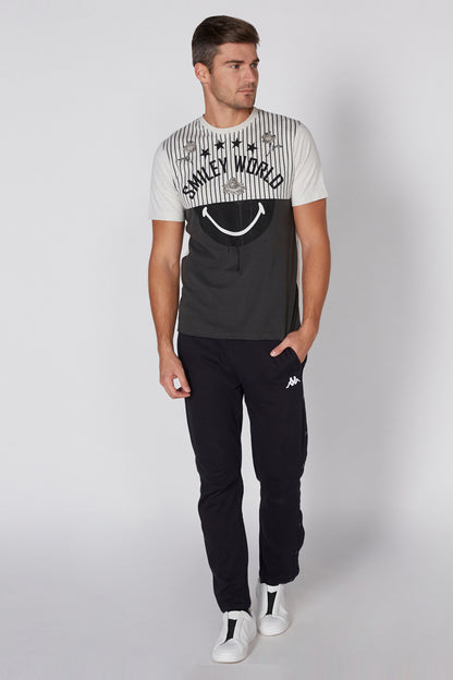 Men's two-tone graphic T-shirt in white and black with smiley face print