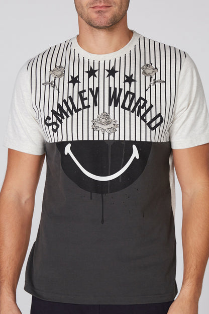 Men's two-tone graphic T-shirt with striped logo and smiley face front print