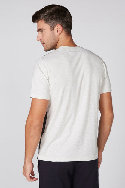 Men's white crew-neck graphic T-shirt, short sleeves, plain back
