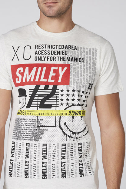 Men's white Smiley graphic T-shirt with multicolor text, black pants