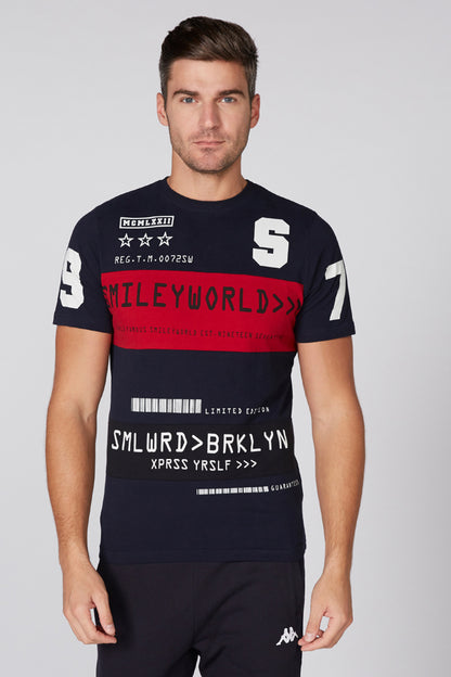 Men's Splash navy crewneck T-shirt with red stripe and large white graphic lettering