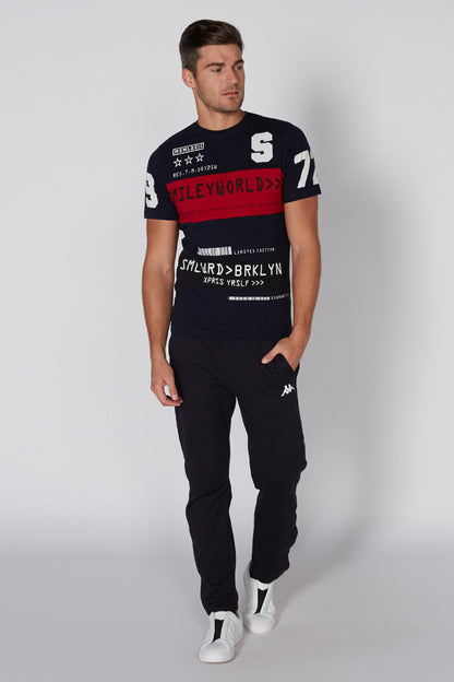 Men's Splash navy T-shirt with red band, chest '5' print, and graphic text