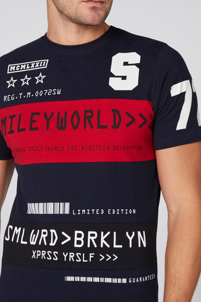 Navy Splash T-shirt close-up: red stripe, white '5' print, barcode 'LIMITED EDITION'