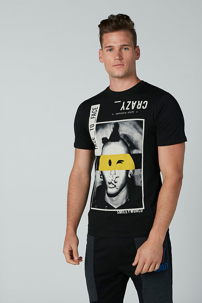 Black graphic crewneck T-shirt with face photo print