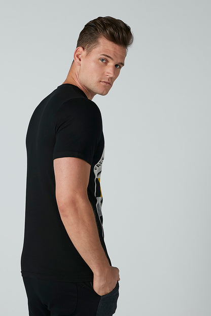 Black graphic crewneck T-shirt, side view