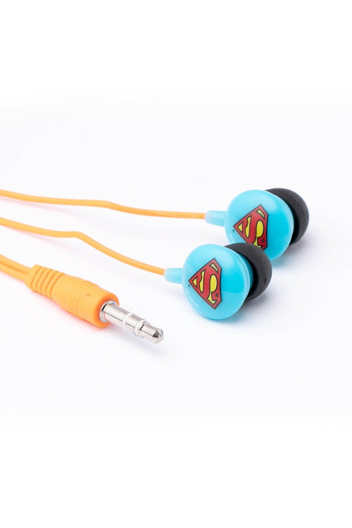 DISNEY earphones with turquoise Superman-style earbuds, orange cable, 3.5mm plug