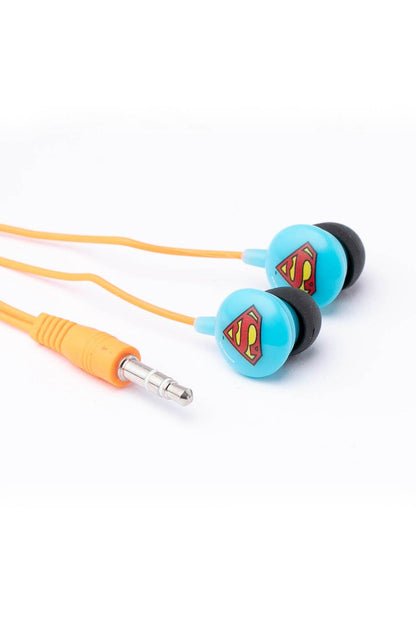 DISNEY earphones with turquoise Superman-style earbuds, orange cable, 3.5mm plug