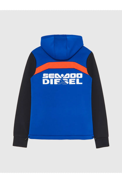 Blue zip-up hoodie back view with white SEA-DOO Diesel logo