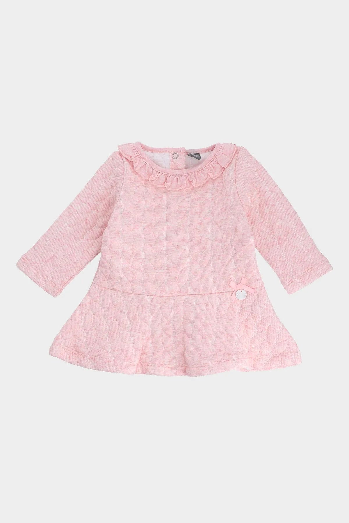 Pink baby dress with long sleeves, ruffled collar, button front and tiered skirt